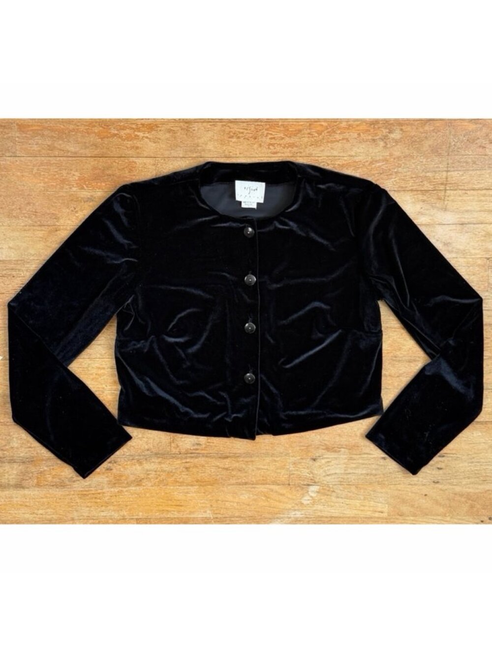 Vintage Black Crushed Velvet Cropped Jacket Size Medium 90s Button Crop Top